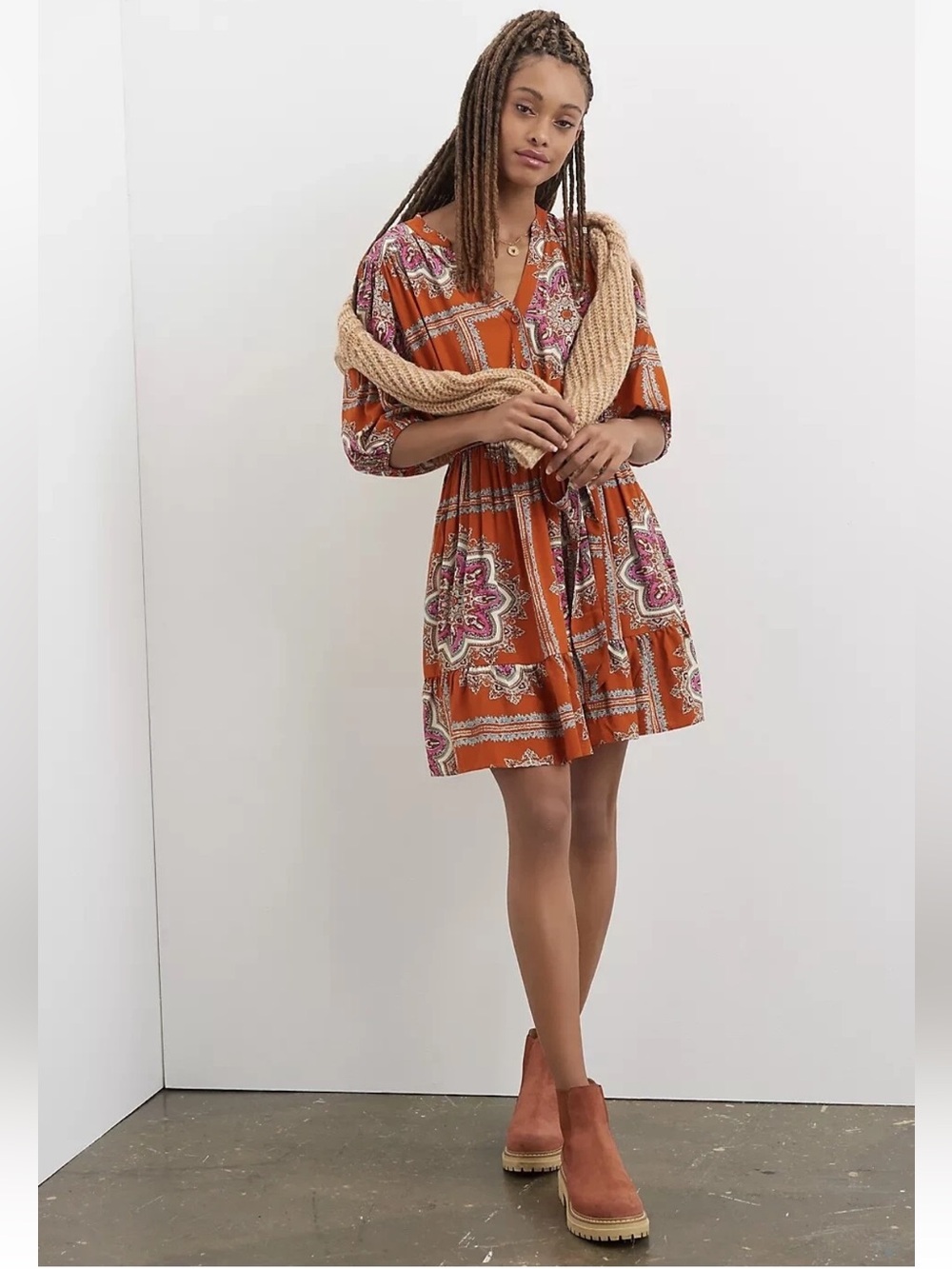 Anthropologie Porridge Isabel Scarf Print Puff Sleeve Belted Mini Dress